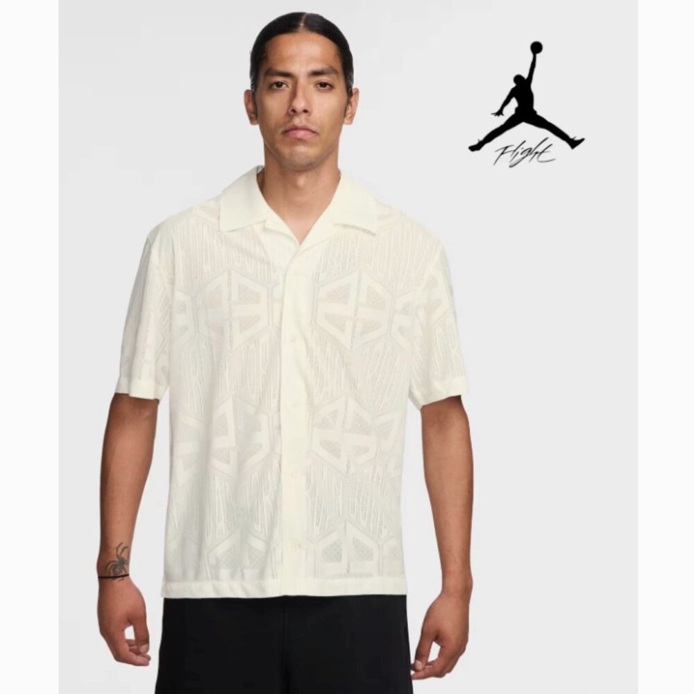 Jordan Flight Short-Sleeve Jacquard Knit Top Button Up Off White